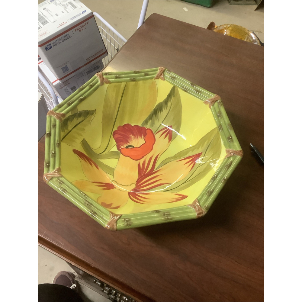 Raymond Waites Amazon Large 13" Serving Bowl Ceramic Tropical Flower Bamboo RARE
